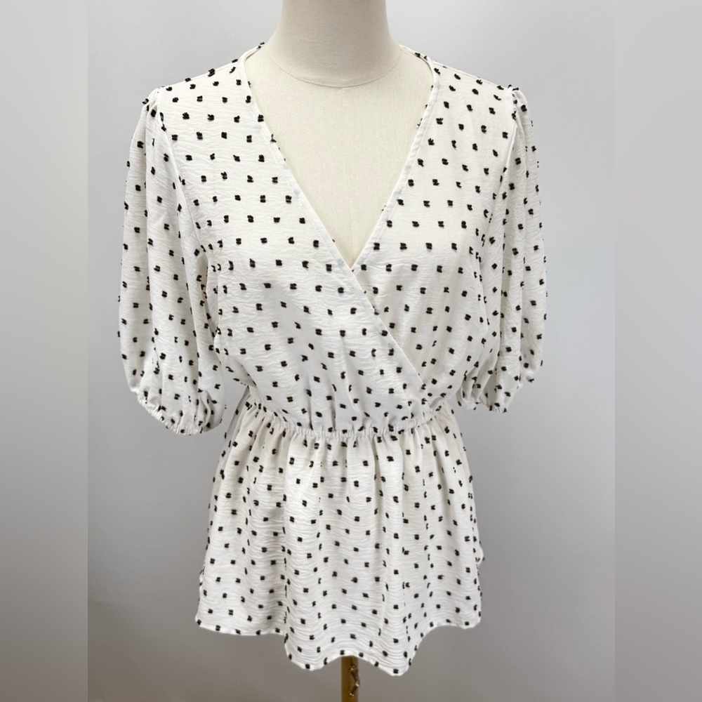 STACCATO White and Black Polka Dot puff sleeve peplum blouse size M - Picture 10 of 15